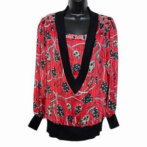 VINTAGE 1980s 1990s MOSAIC BLOUSE BLOUSON TOP RED GEORGETTE SHEER FLORAL RETRO L